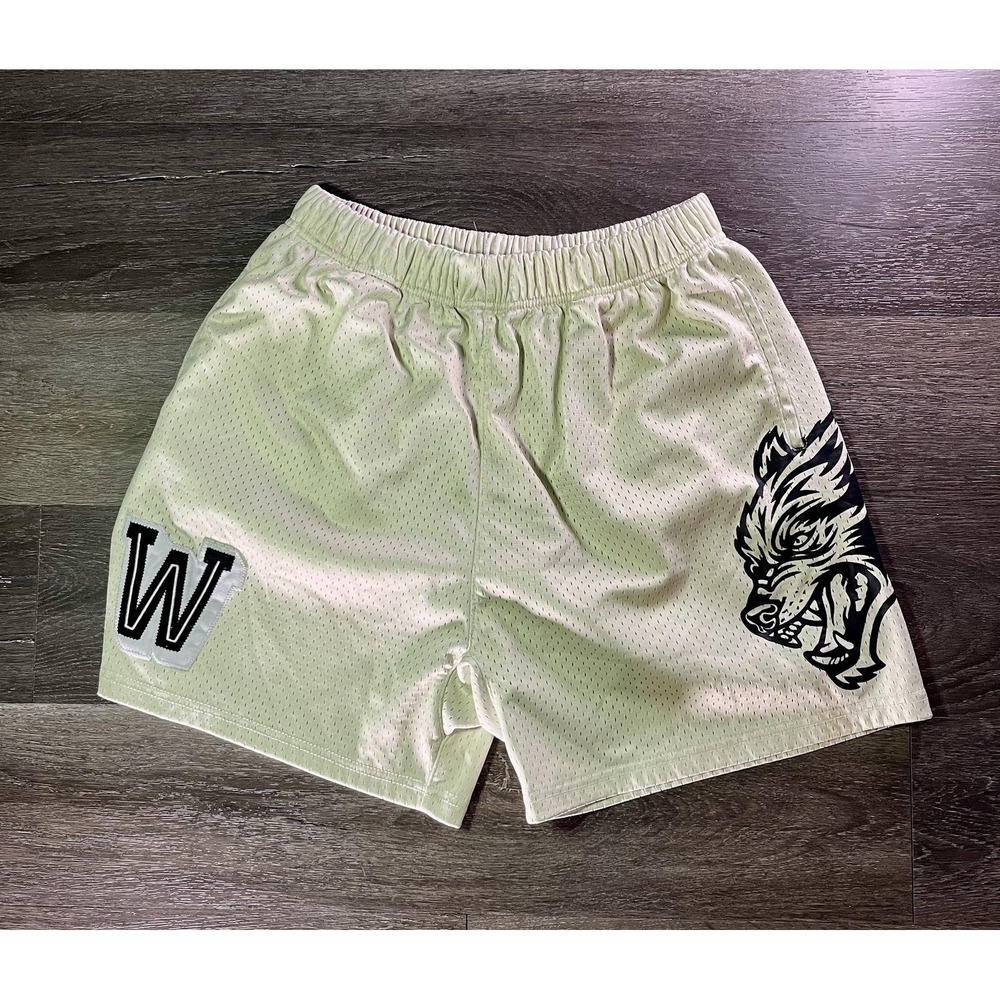 Vintage‎ Wolf Graphic Shorts Mens Medium White Mesh Basketball Gym Elastic Waist